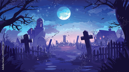 Spooky graveyard with tombstones and a haunted house.