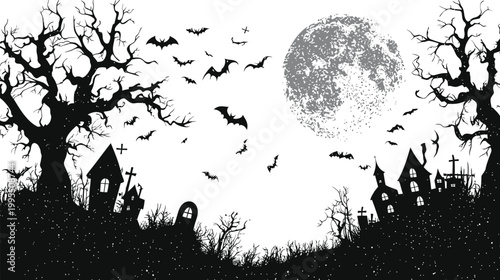 Spooky Halloween Cemetery Scene with Bats and Full Moon.