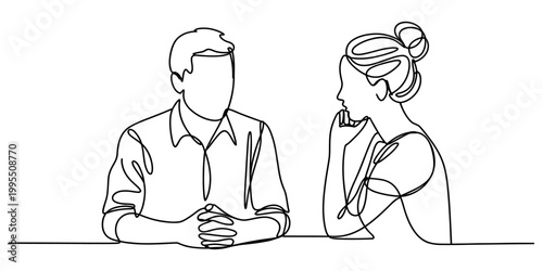 Continuous line drawing, business people, sitting at desk, minimalist illustration, black and white