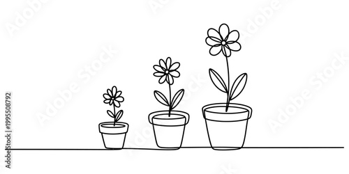 Minimalist line art flowers, potted plants, simple botanicals, black and white vector illustrations
