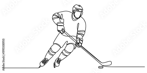 Continuous line drawing Ice Hockey Player, Skating, Hockey Stick, Black Line Art