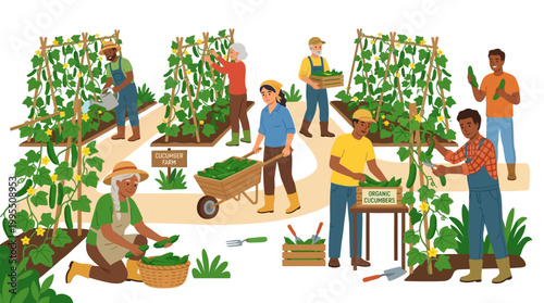Diverse group of farmers working together to harvest fresh organic cucumbers at a sustainable small scale community vegetable farm