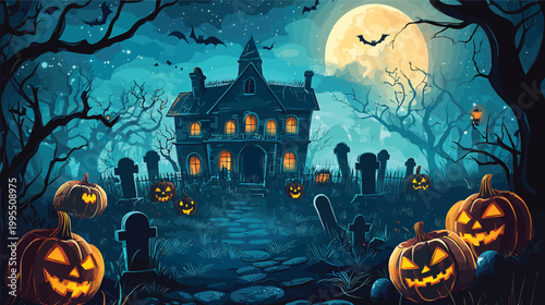 Spooky Halloween haunted house with jackolanterns and graveyard.