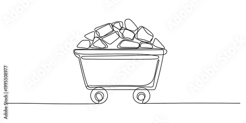 Mining cart, coal cart, ore cart, industrial cart, line art, vector illustration