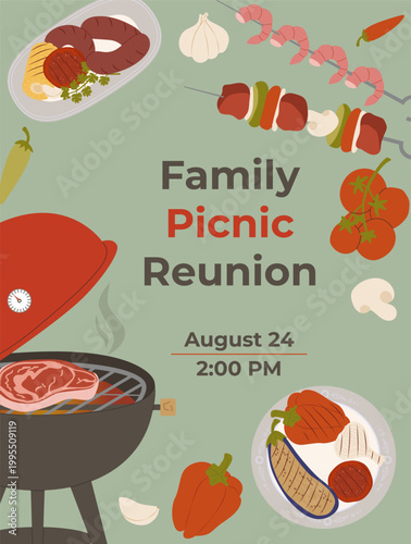 Vector illustration of a family reunion invitation template with barbecue theme. Design includes a red kettle grill with raw steak and variety of grilled food like shrimp skewers and vegetables. Flat 
