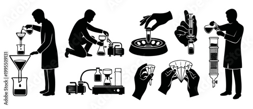 Laboratory chemical filtration process icon set, science experiment procedure with scientists using beaker, funnel, centrifuge, and syringe for medical research and biotechnology analysis black silhou