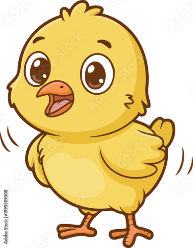 Cute trembling yellow chick scared and shaking in flat vector style, simple child friendly illustration for kids nursery emotional design