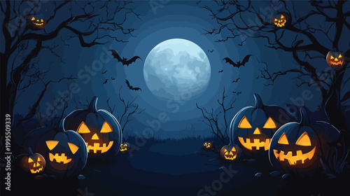 Spooky Halloween Pumpkins Glowing in the Dark Night 1.