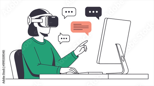 An Illustrative Concept of a User Engaging in Immersive Digital Communication and Virtual Social Interaction via a VR Headset and Desktop Integration.