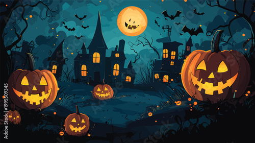 Spooky Halloween Pumpkins Glowing in the Dark Night.