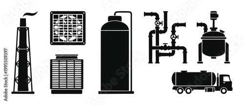 Industrial Factory Equipment Icons Set - Manufacturing Plant Infrastructure, Oil Refinery Pipes, Chemical Tanker Truck, Cooling Fan and Smoke Stack Silhouettes for Engineering and Production Process D