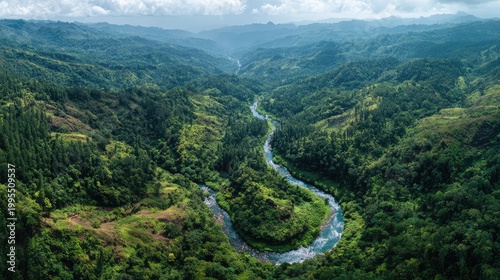 Serene Aerial View of Lush Green Valley with Meandering River Flowing Through Dense Forest and Rolling Hills Under a Bright Blue Sky