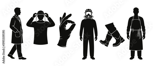 Personal Protective Equipment PPE Icons, Safety Clothing and Medical Gear Silhouettes, Lab Uniforms and Occupational Health Protection Symbols for Clinical, Industrial, and Laboratory Workplace Safety
