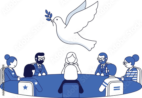 Peaceful diplomatic meeting with white dove, international political negotiation at round table, global cooperation and conflict resolution vector