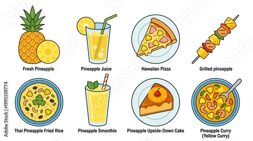 An appealing array of delicious pineapple-themed foods and beverages, from fresh fruit to savory meals and sweet desserts.