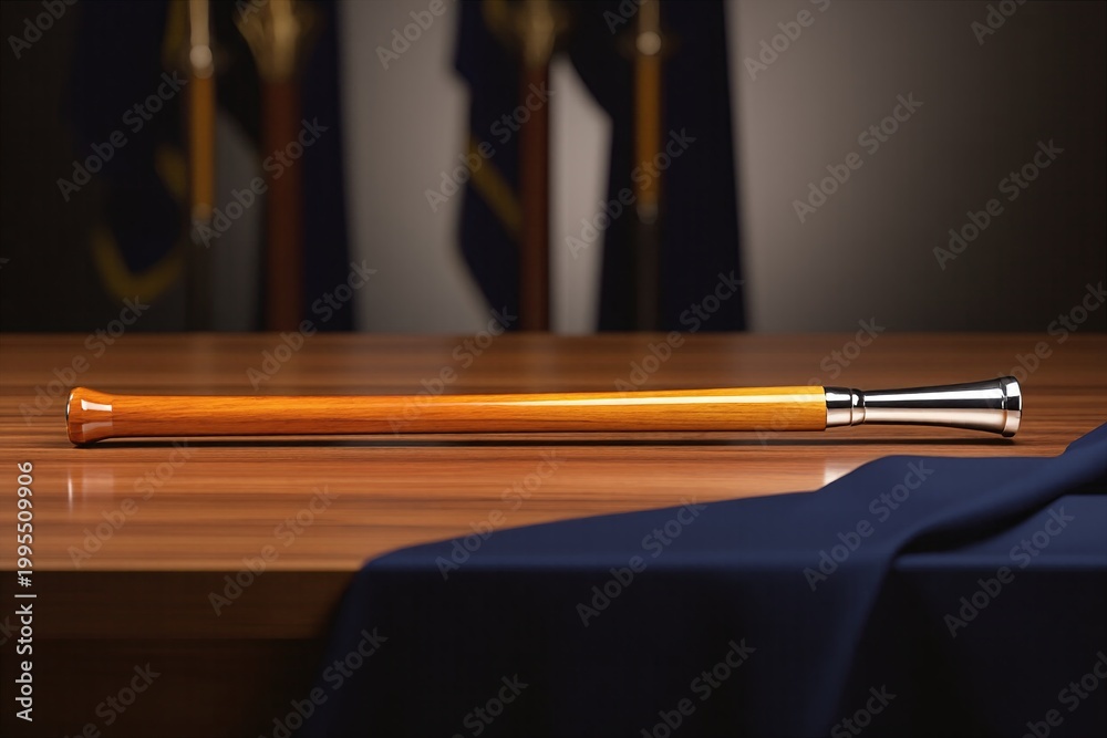 Fototapeta premium Single parade baton on a wooden table in a formal ceremonial setting