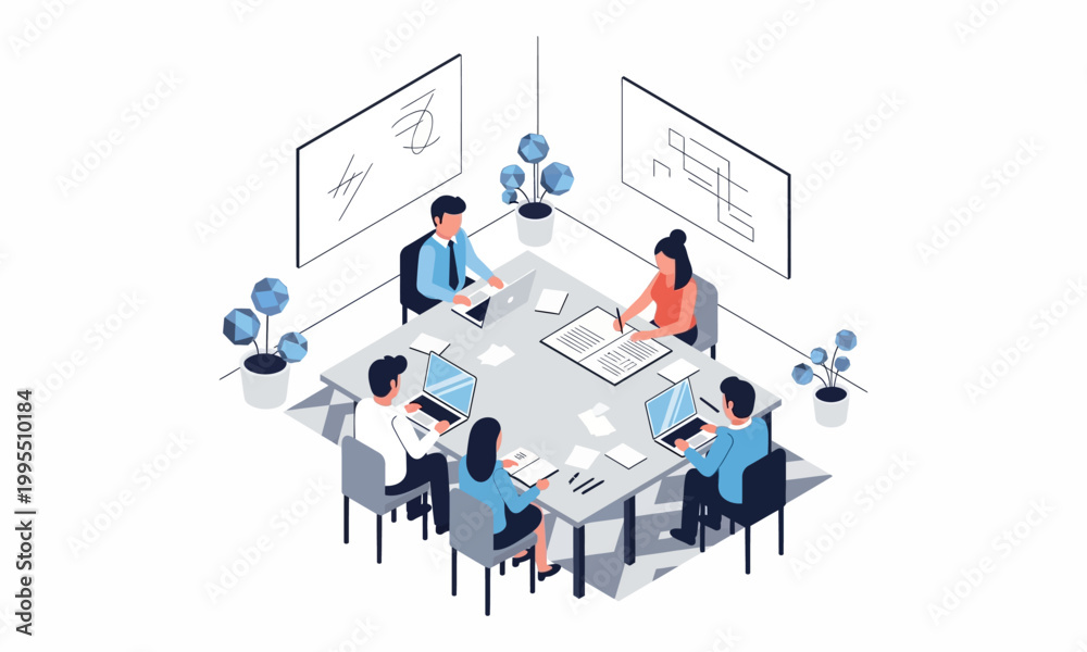 Naklejka premium Isometric business meeting with diverse team collaborating in office.