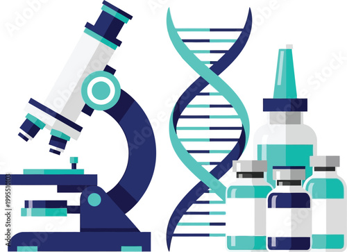 Scientific laboratory equipment vector, microscope and DNA helix with medical vaccine vials, biotechnology research and pharmaceutical development icons