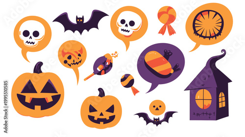 Halloween Icons Collection Featuring Pumpkins Bats and Candy.
