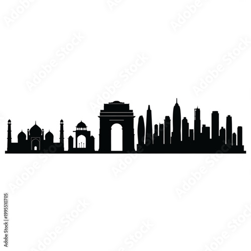 A black silhouette of a city skyline with famous Indian landmarks and modern skyscrapers