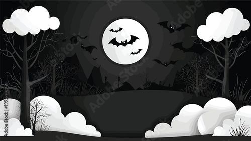 Halloween night with bats flying around the moon.