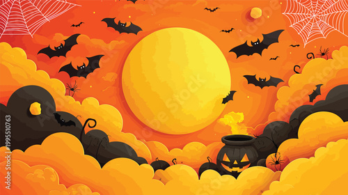 Halloween night with spooky cauldron and bats flying.
