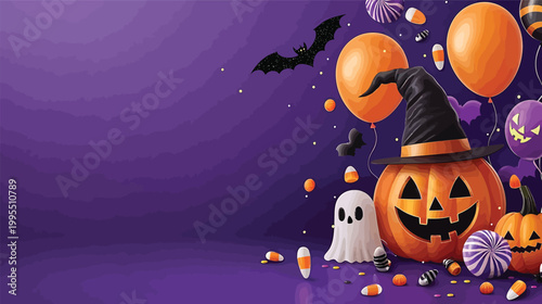 Halloween pumpkin with ghost and balloons on purple background.