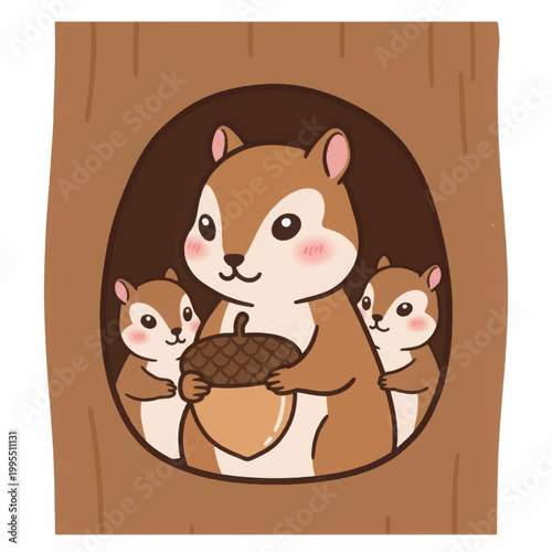 Cute Cartoon Squirrel Family Inside Tree Hollow Holding Acorn. Vector Illustration of Woodland Animal Mother and Babies.