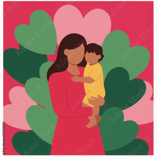 Textured Illustration of Mother Holding Child Surrounded by Large Hearts. Loving Family Bond, Motherhood, and Mother's Day Concept Vector Art.