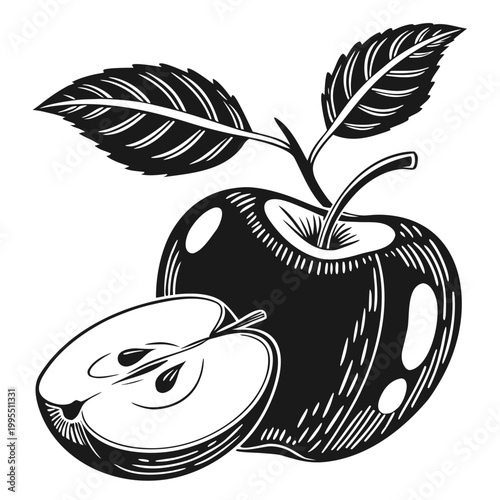 vector illustration of a fresh apple with sliced half and detailed leaves in flat design style for healthy lifestyle visuals