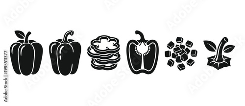 Bell Pepper Icons Set, Fresh Vegetable Slices and Diced Pieces, Black Silhouette Vector Collection for Cooking, Healthy Food Ingredients and Culinary Preparation Design Elements on White Background