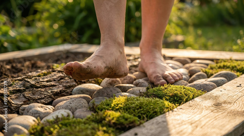 Bare feet walking outdoor on pebble path promoting reflexology relaxation in garden at sunset with warm light and calm mood mindful step on stone and moss for natural wellness therapy