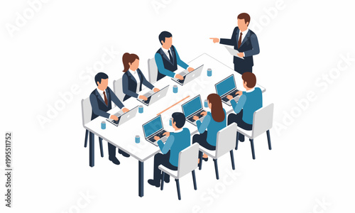 Isometric Business Meeting with Team Leader Presenting to Colleagues.