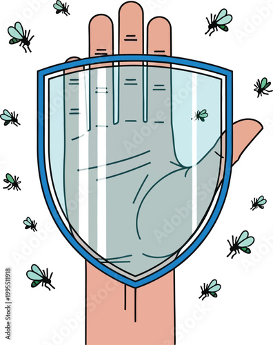 Shielded Hand Against Insects: A hand, protected by a shield, fends off a swarm of insects, emphasizing the concepts of defense and barrier. 