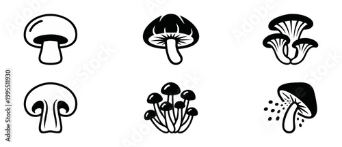 Mushroom Icons Set Black Silhouette Collection Vector Design for Food Branding and Nature Illustration, Minimalist Graphic Symbols Isolated on White Background for Culinary Menu and Organic Vegetable