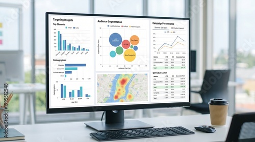Office Computer Screen Showing Data Analytics Dashboard.