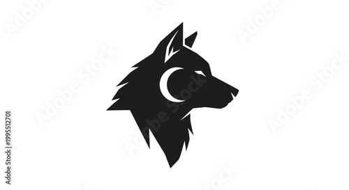 Black wolf head silhouette with crescent moon symbol on white background