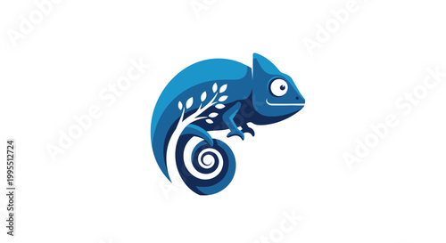 Blue Chameleon Logo with Tree Swirl Tail on White Background