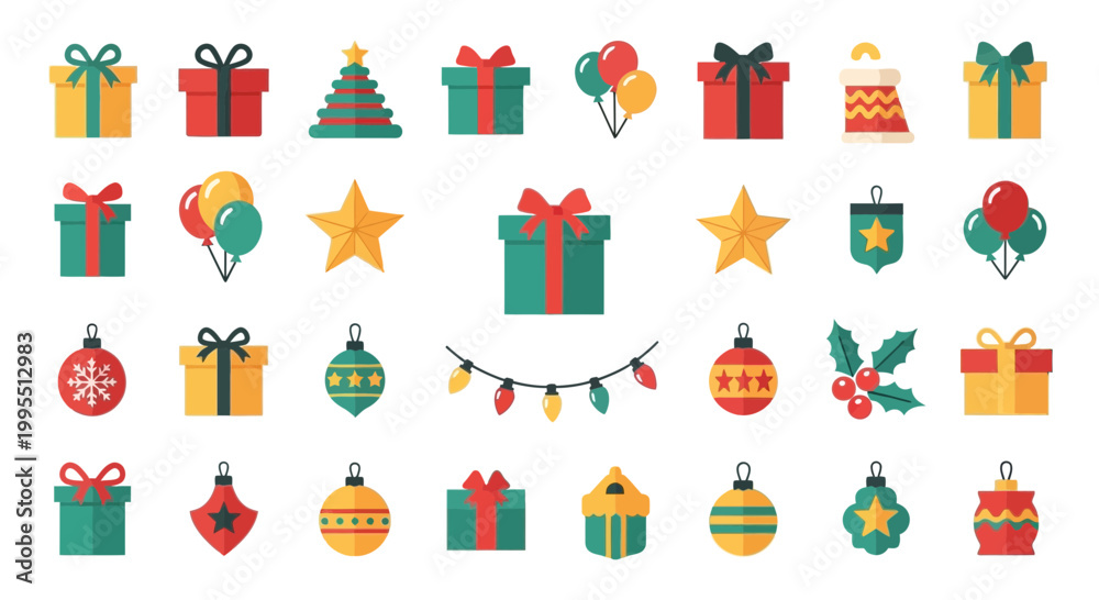 Fototapeta premium Christmas Gifts, Ornaments, Stars, Balloons & Lights Icons Collection