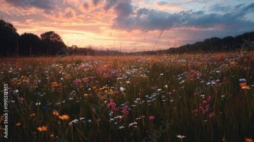 Vibrant Wildflower Field at Sunset with Colorful Blooms and Soft Sky Illuminated by the Warm Glow of the Setting Sun in a Peaceful Landscape
