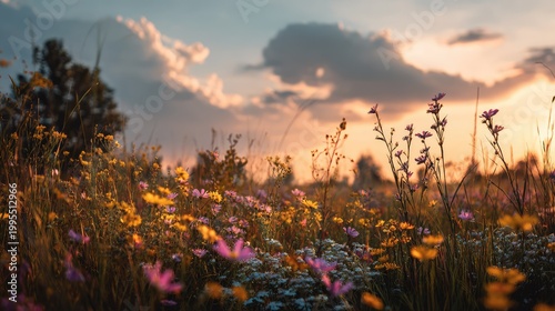 Beautiful Wildflower Meadow at Sunset with Vibrant Floral Colors Under a Dramatic Sky Full of Clouds and Soft Evening Light Enhancing Nature's Splendor