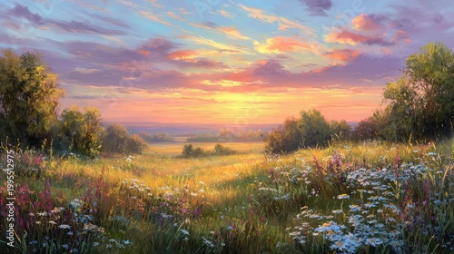 Serene Sunrise Over Rolling Fields With Colorful Wildflowers and Soft Pastel Sky Illuminated by Sunlight in a Tranquil Countryside Landscape Scene