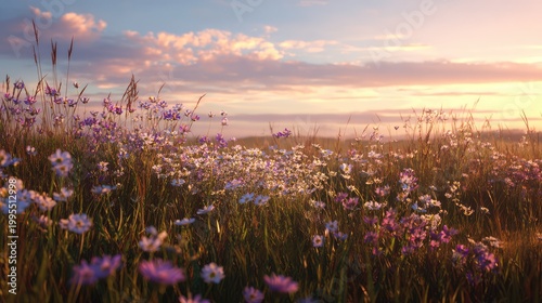 Expansive Wildflower Meadow Under a Soft Sunrise Sky with Gentle Clouds Illuminating Vibrant Petals and Lush Green Grass Stretching into the Horizon