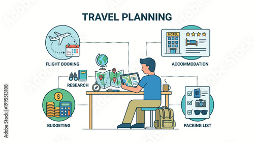 Travel planning concept with man at desk
