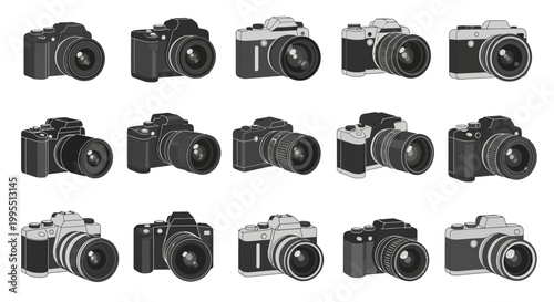 Collection of DSLR Camera Icons, Photography Equipment Vector Set
