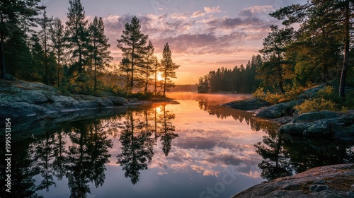 Serene Sunset over Tranquil Lake with Reflections of Trees in a Peaceful Natural Landscape, Capturing the Essence of Autumn Harmony and Beauty