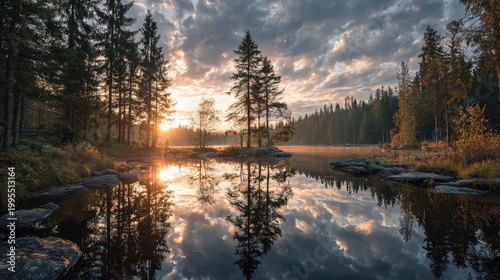 Tranquil Morning Sunrise Over a Calm Lake Surrounded by Lush Forests and Golden Autumn Foliage with Reflections in Water