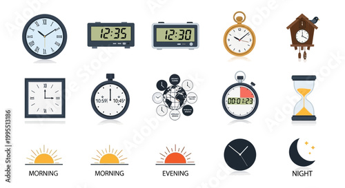 Collection of Diverse Clocks and Time Icons: Digital, Analog, Pocket, Cuckoo, Stopwatch, Hourglass