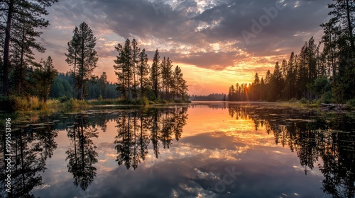Serene Sunset Over Tranquil Lake Surrounded by Lush Pine Trees and Vibrant Reflections of the Sky in a Peaceful Natural Landscape