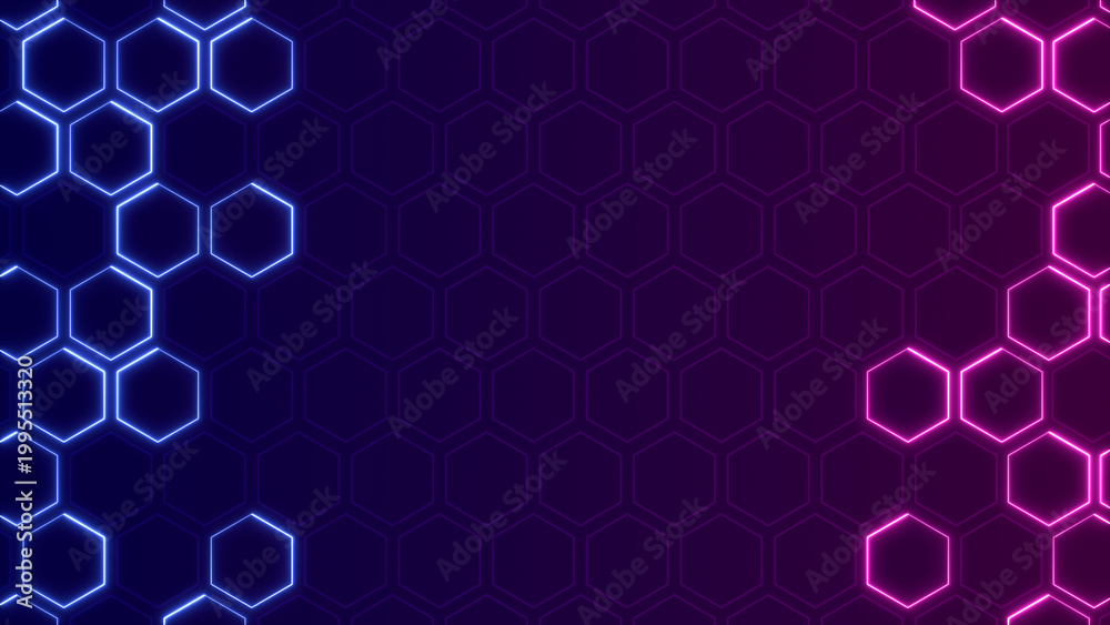 Fototapeta premium abstract neon lights blue pink hexa shapes ,glowing hexagone technology and science futuristic blank social media background